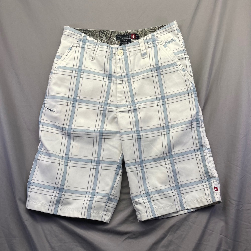 Quiksilver Y2K Mens Plaid Shorts White Blue Embroidered Logo Size 29 Surf shorts
